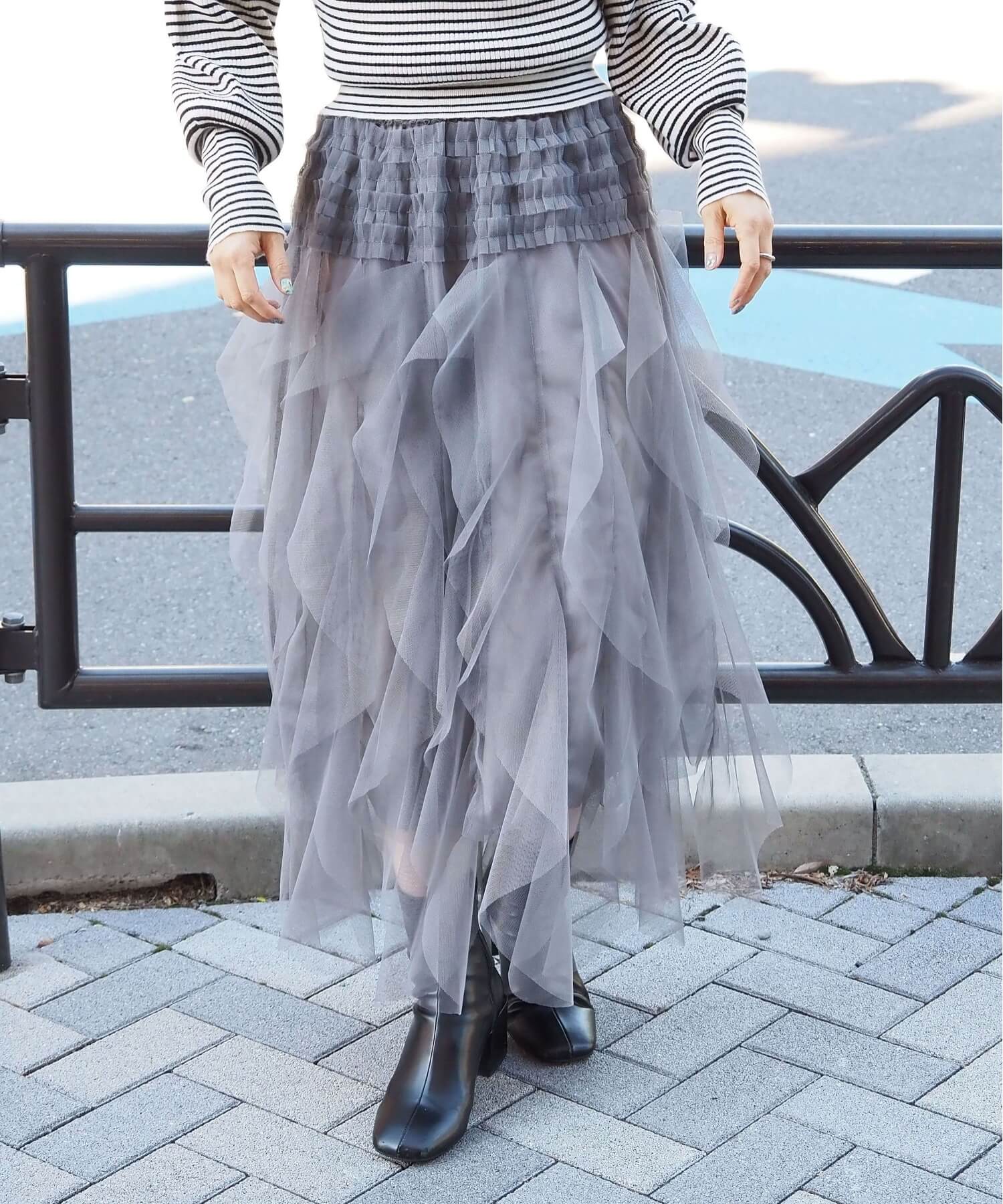 スカートポケットフリル裾フレアスカート - ミニスカート
